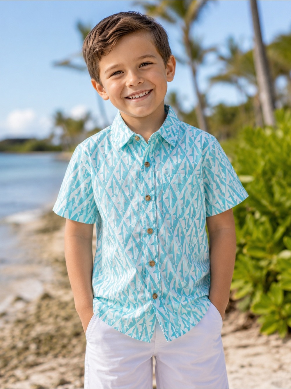 Andy & Evan Aqua Shark Print Button Down Shirt Boys Size 5 NWT